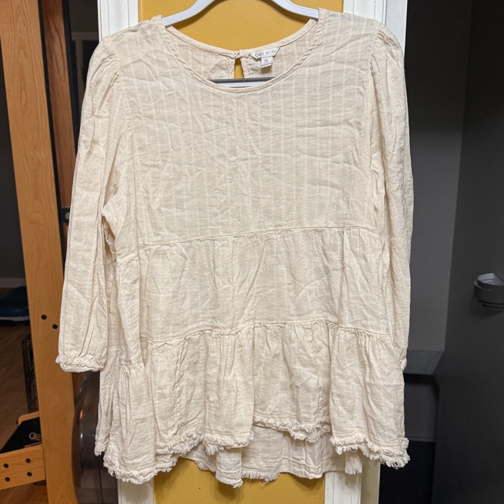 Cato XL Cream Cotton Rayon Textured Tiered Peplum Blouse Boho Frayed Hem
